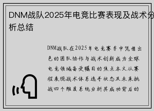 DNM战队2025年电竞比赛表现及战术分析总结